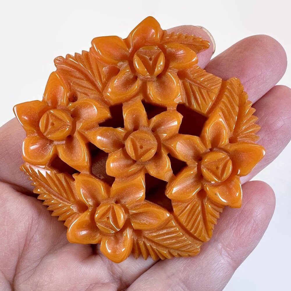 Bakelite Brooch, Floral, Deeply Carved, Floral, Apricot, Vintage, 30s, 40s